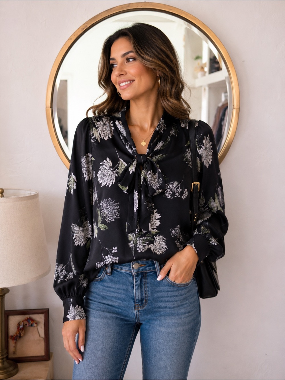 Who what where Black Floral Tie-Neck Blouse Women’s Size Medium Elegant Career